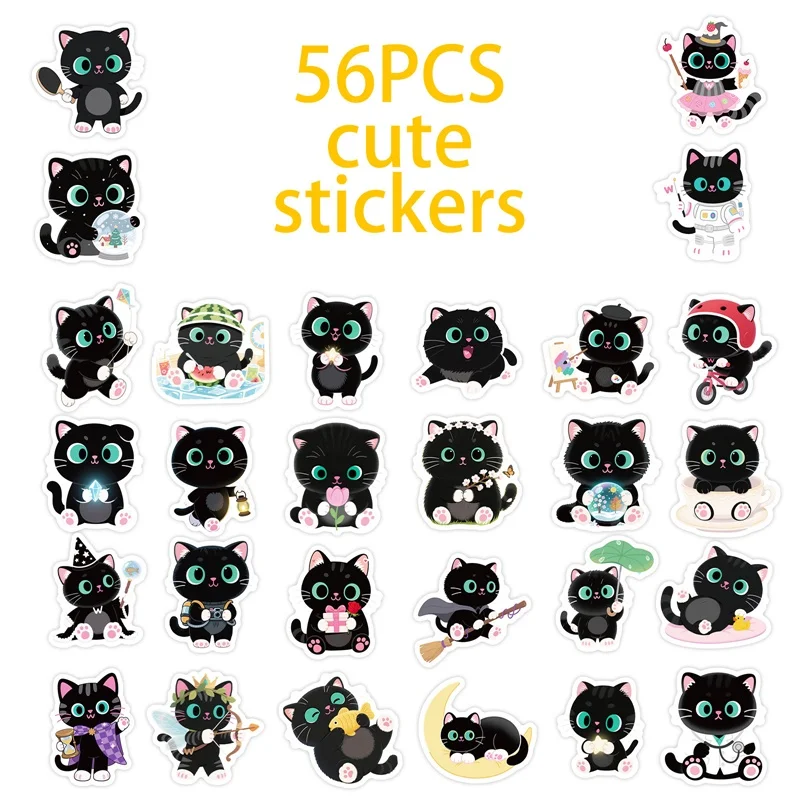 10/30/56PCS Kawaii Big Eye Black Cat PVC Sticky Sticker Aesthetic DIY Decoration Scrapbooking Hand Accounting Supplies for Kids