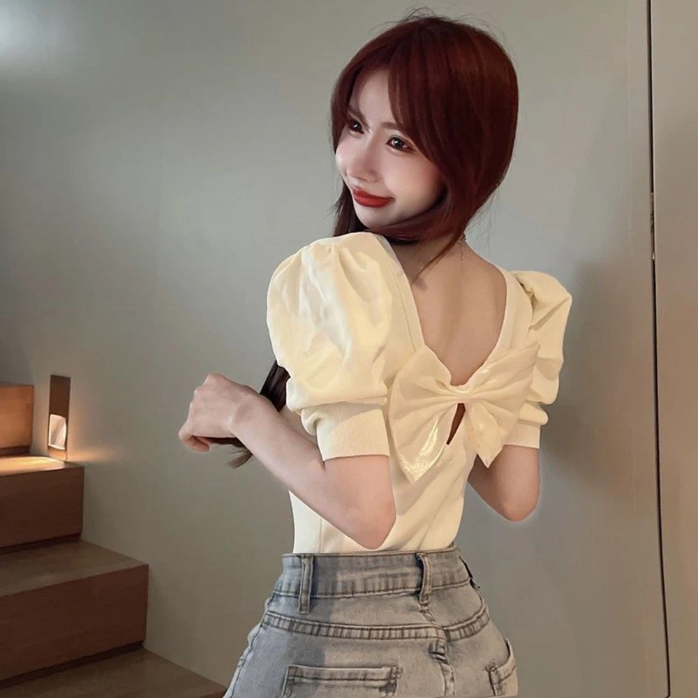 Korean Style Elegant T-shirt For Women 2024 New Summer Color Contrast Sexy Backless Bow Tops Ladies Black Slim Short Sleeved Tee