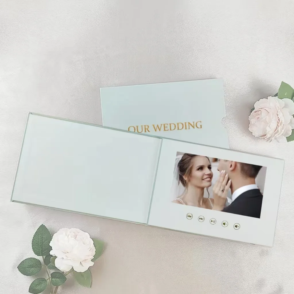 Luxury Linen Bound Video Book Wedding Video Album Up to 3 Hours of Video, 7” IPS Display, 4GB of Memory and Rechargeable Battery