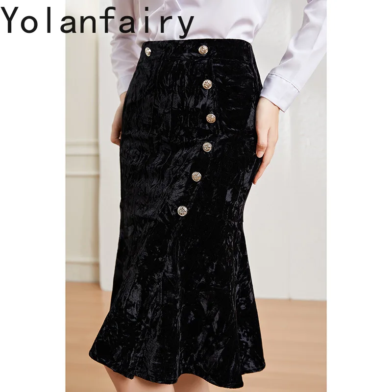YOLANFAIRY Gonne eleganti per donna Autunno Inverno Gonna di velluto di fascia alta Stile coreano Vita alta Midi Gonna avvolgente rosa Abbigliamento da strada