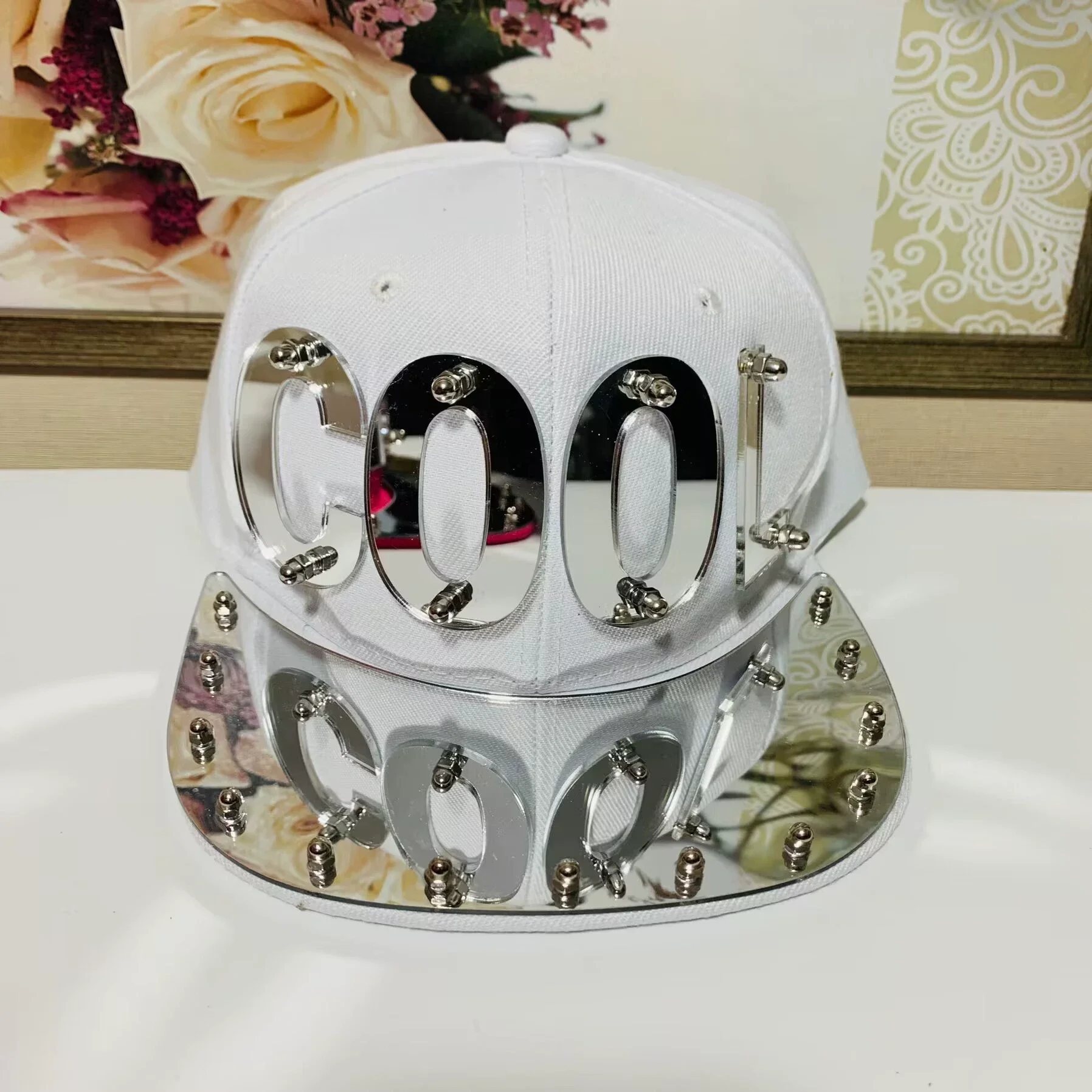 European and American street COOL personalized letter mirror decoration handmade heavy industry rock performance hip-hop hat