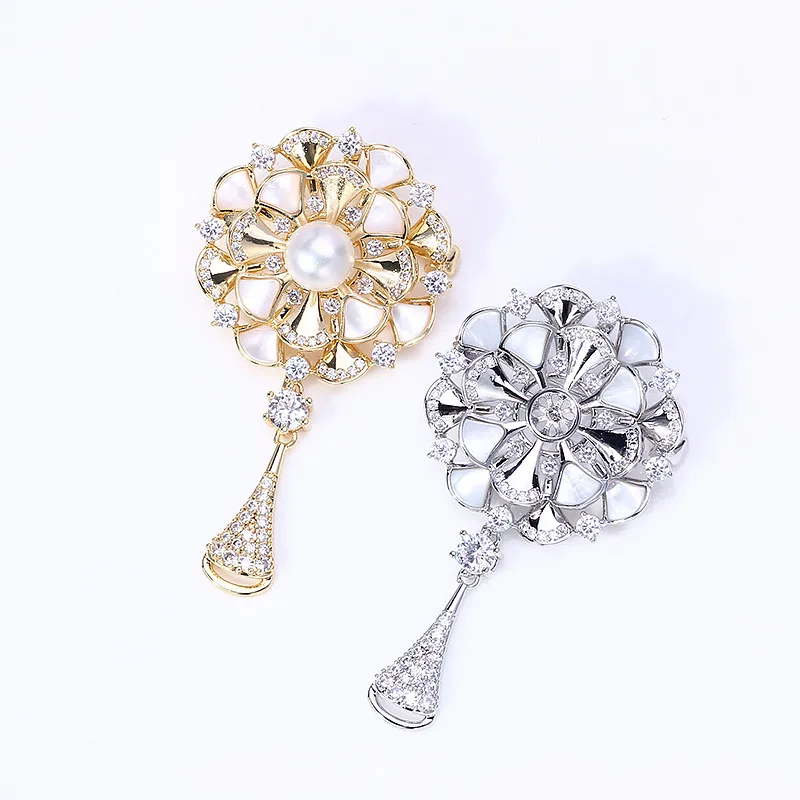 

DIY Copper Gold Plated Micro Paved Shell Pearl Brooch Blank Base, Trendy Corsage Jewelry Findings For Women
