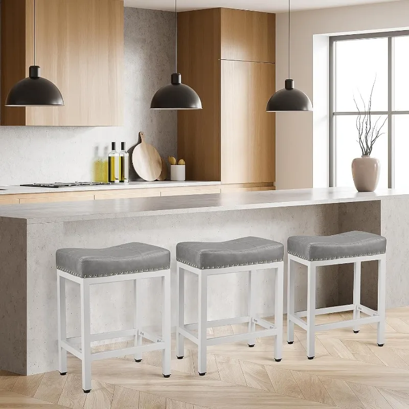 PU Leather Bar Stools Set, Contra Altura, Estofado, Barstools Cozinha Moderna, Preto, 24 ", Conjunto de 2