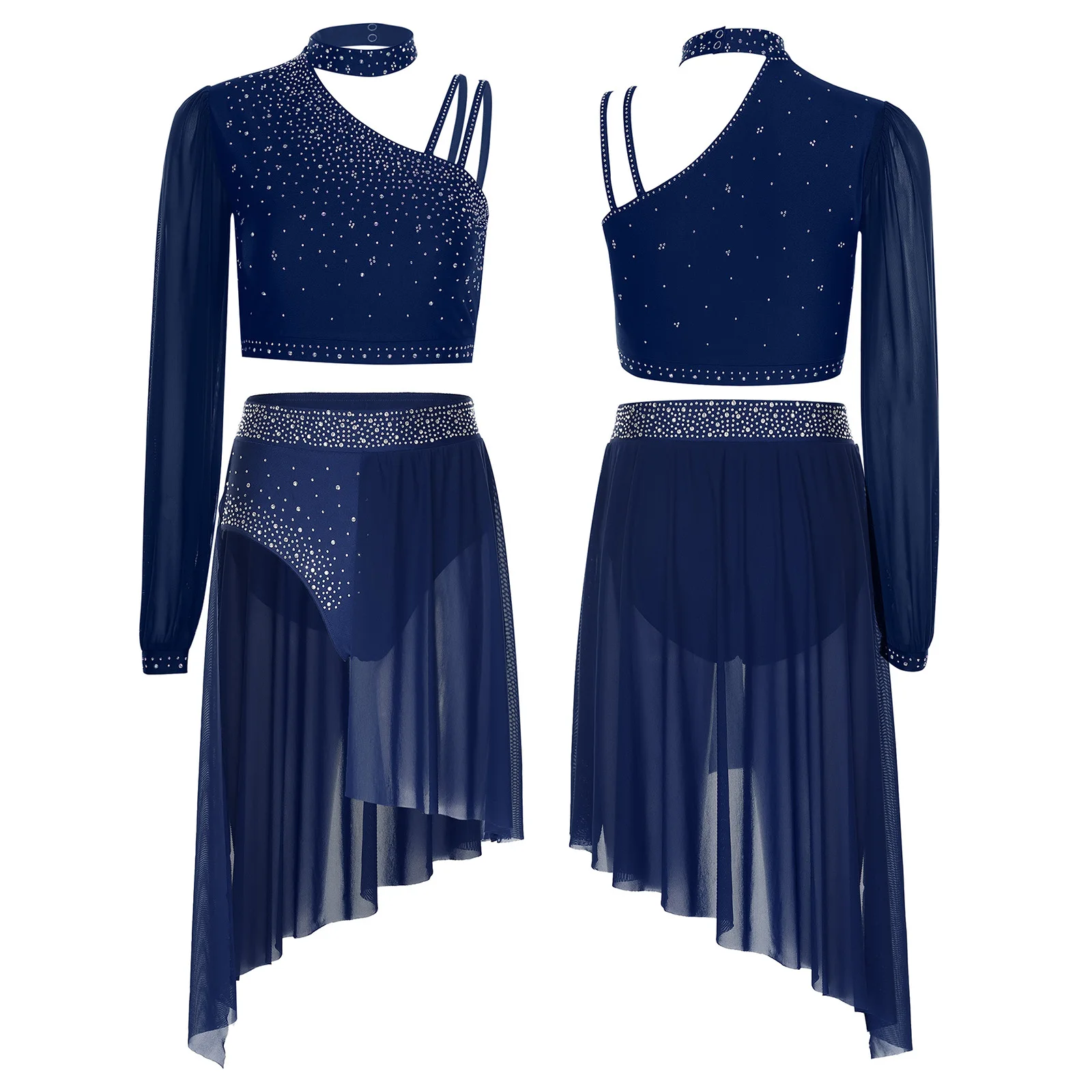 

Womens Modern Latin Dance Costume Sparkly Rhinestone Asymmetrical Crop Top Briefs Shorts Chiffon Skirted Lyrical Dance Outfit