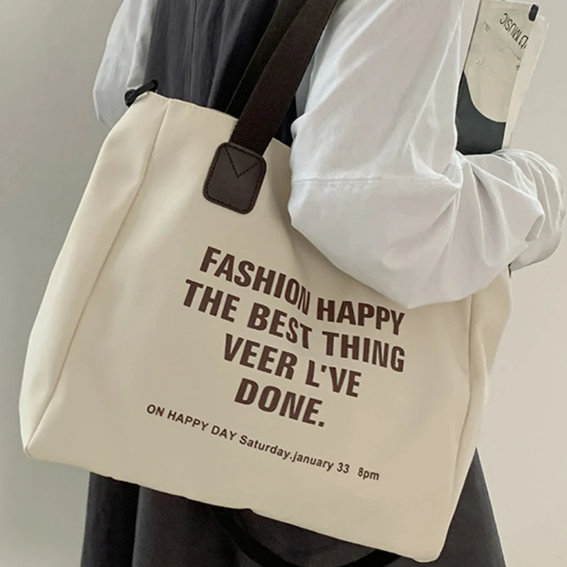 

Student Campus Schoolbag Canvas Tote Bag Versatile Large Capacity Casual Lightweight Handbag Women Shoulder Bag with Zipper Open