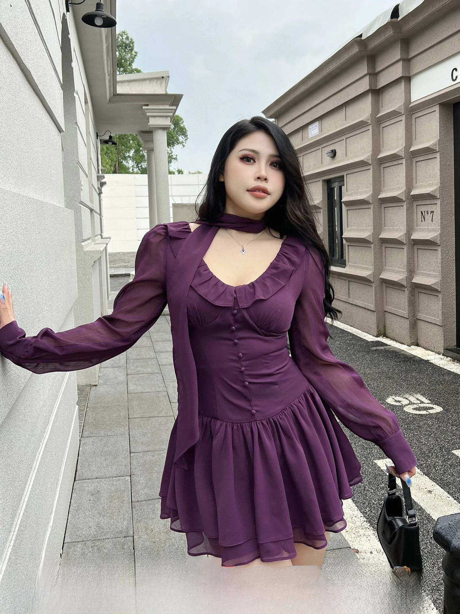 

Женское платье больших размеров Sweet And Spicy, фиолетовое, с длинными рукавами, кружевной отделкой, юбкой-тортом с высокой талией, для офиса и повседневной носки, осеннее