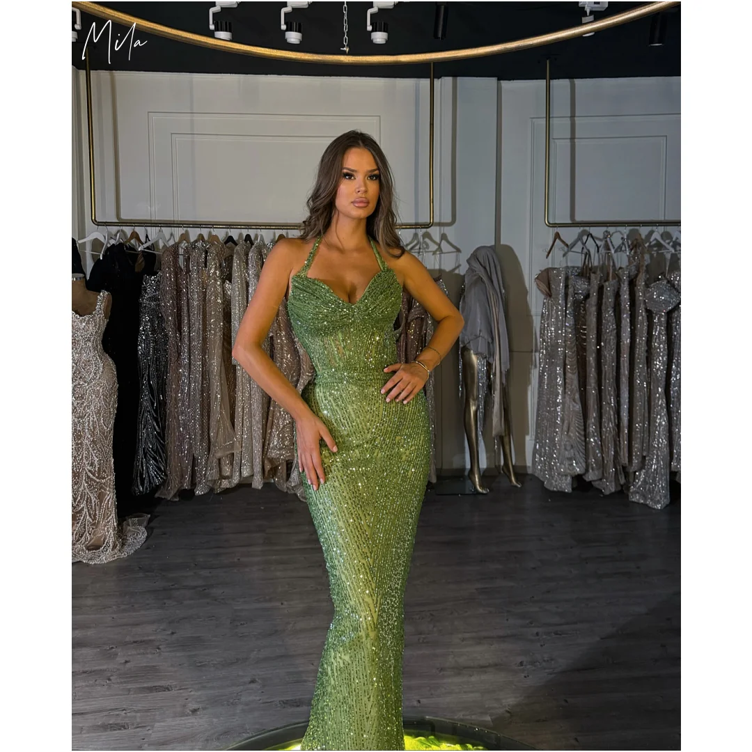

Платья для выпускного вечера Mila с бретелькой на шее, зеленые блестящие платья без рукавов на заказ, вечернее сексуальное платье русалки длиной до пола, платья de gala 2025