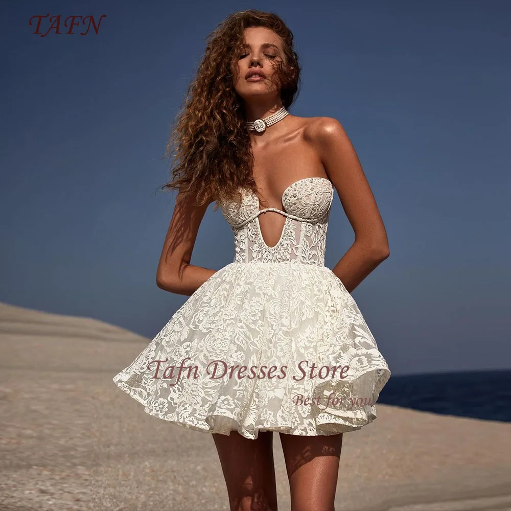 

TAFN Luxury Lace Wedding Party Dresses Strapless Sexy Bridal Gown Above Knee Short A-line vestidos de novia Custom Made