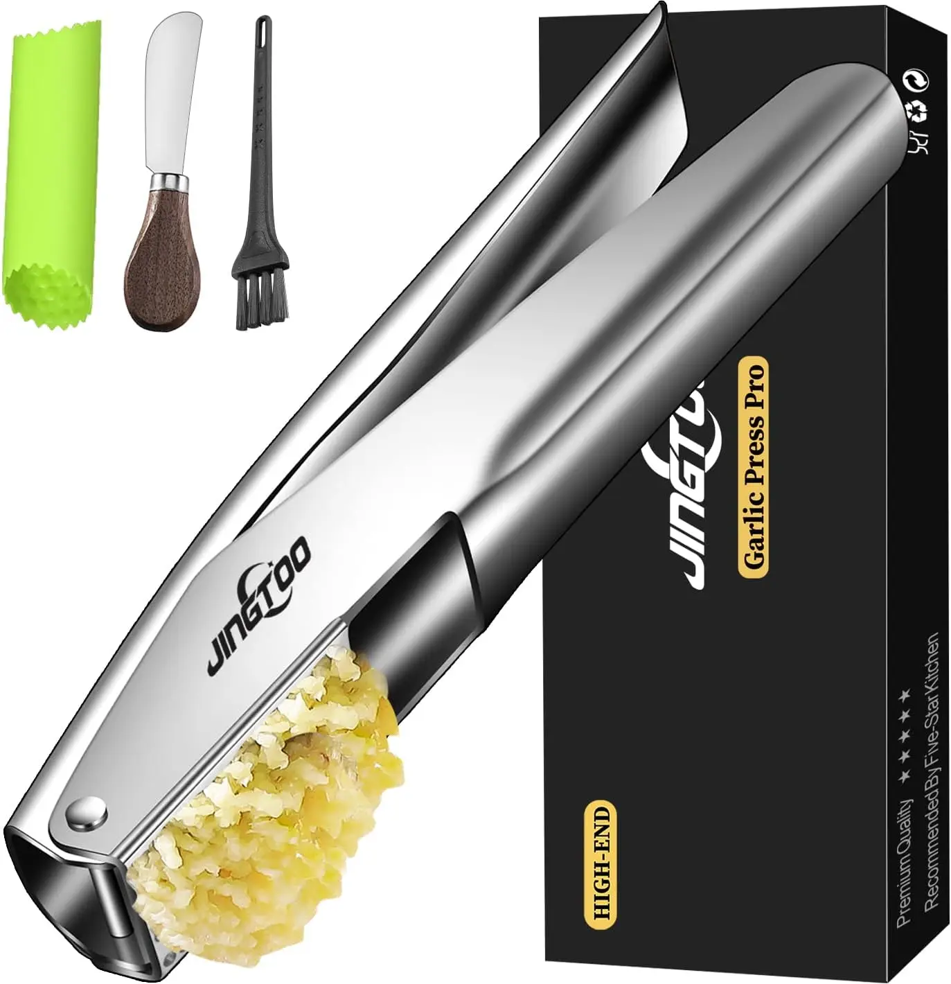 

Stainless Steel Garlic Press, Large Trough, Ergonomic Handle, No Peeling Needed, Dishwasher Safe