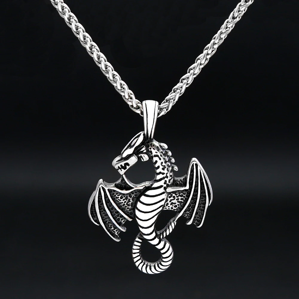 Classic Vintage Winged Dragon Stainless Steel Pendant Necklace Medieval Fantasy Dragon Amulet Unisex Myth Themed Fashion Jewelry