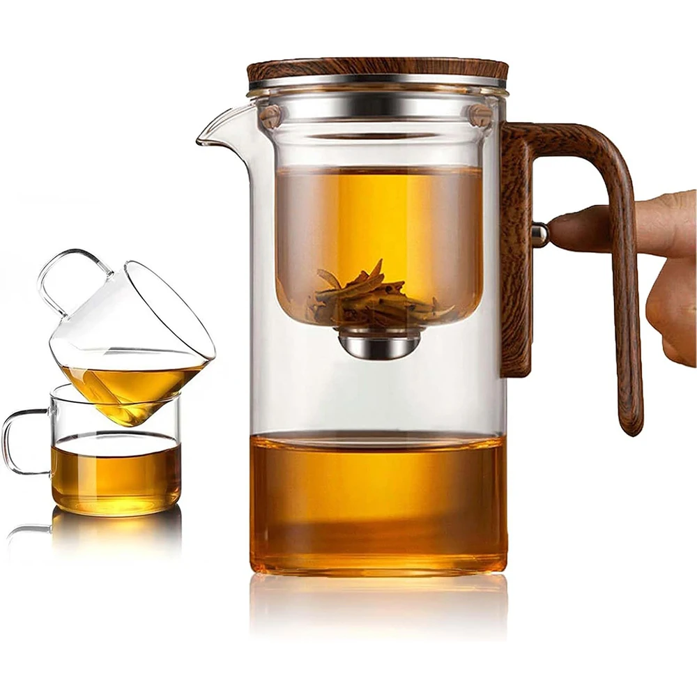

For 600ML Tea Pot Glass Kettle Teapot with Wooden Handle One Click Switch Tea Filtration Teapots Puer Tea Cup Set