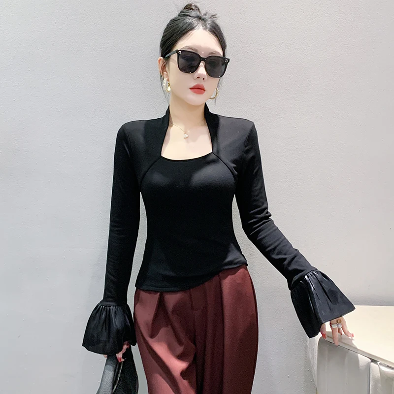 Women's Long Sve Floing Base irt Square Collar Bell Sve T-irt Autumn Winter Street Sle Slim Fit  Color Top