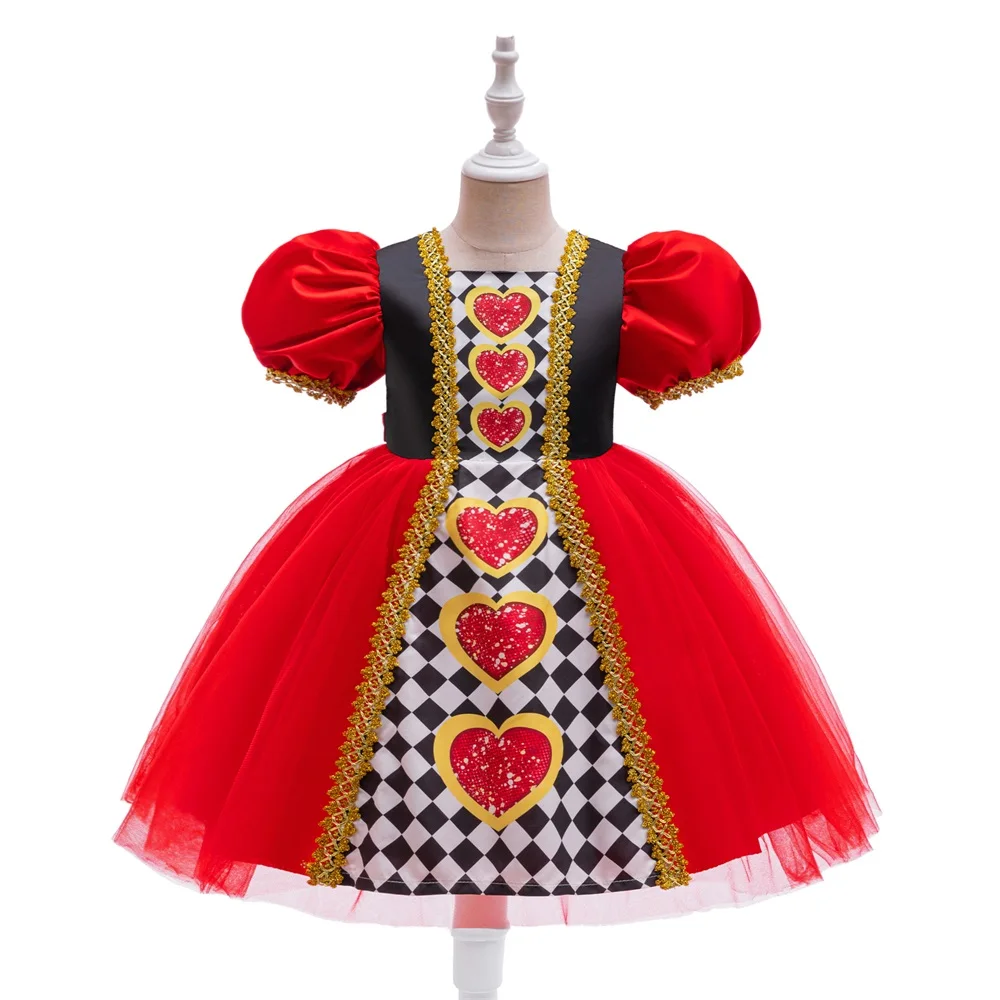 Young Girls Noble Red Queen Party Dress Girl Fluffy Love Pattern Birthday Gown Holiday Dresses Kids Lace Fashion Costume Clothes