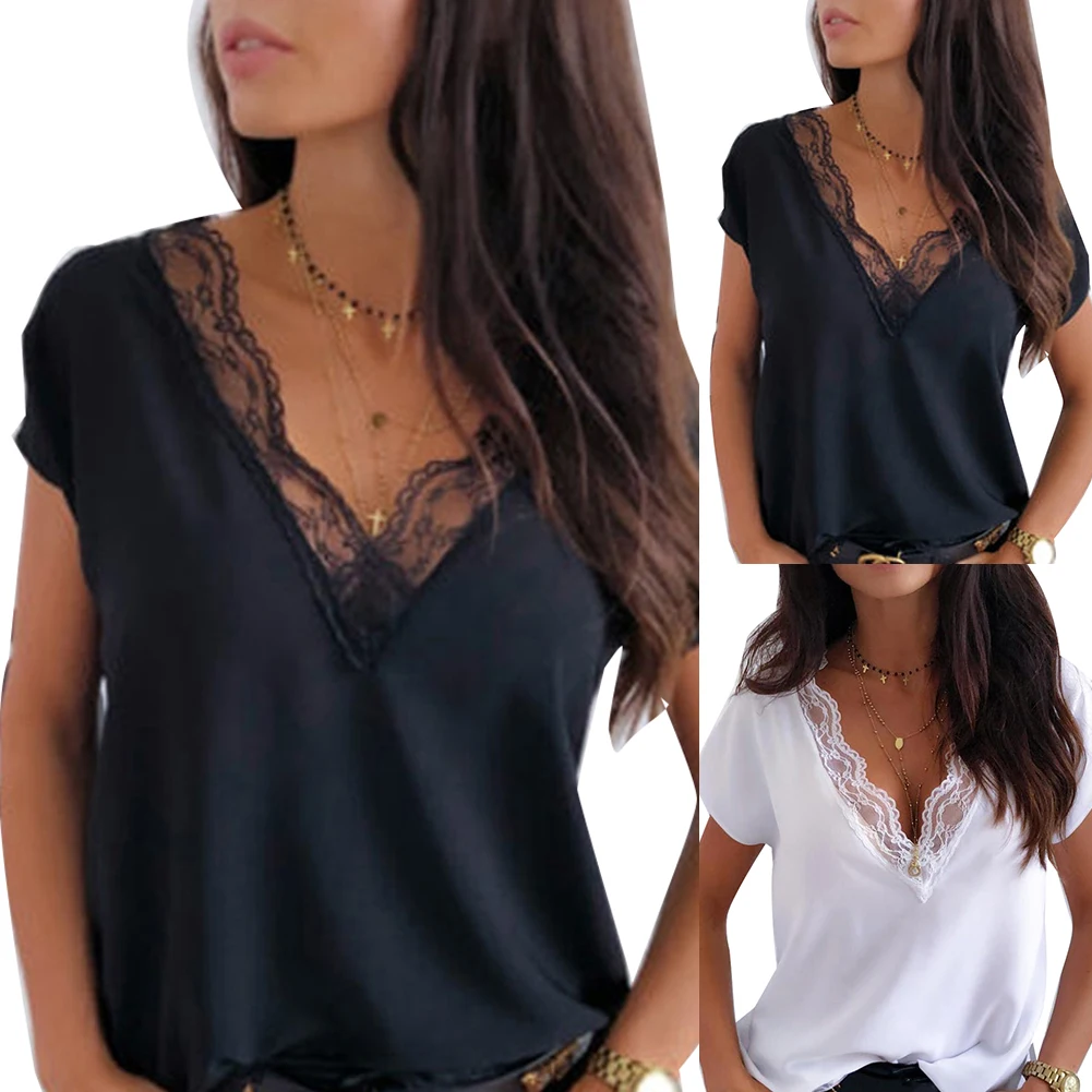 1Pc Women T-shirt Sexy Lace Patchwork Deep V Neck Short Sleeve Shirts Official-website Oversize New Women Tops Women Clothing