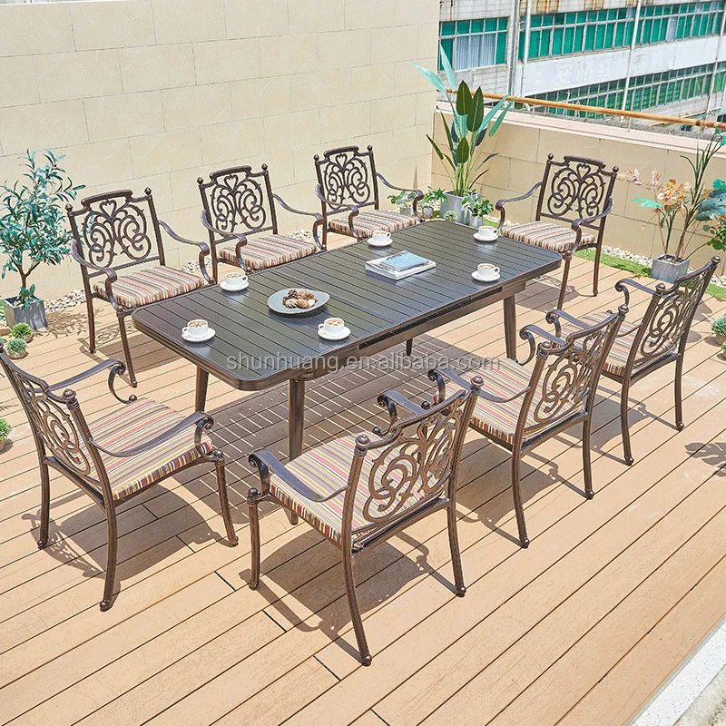 

Hot Selling Outdoor Garden Metal Chair Long Table Set with Side Table Furniture Patio Iron Dining Set for 8 Seaters