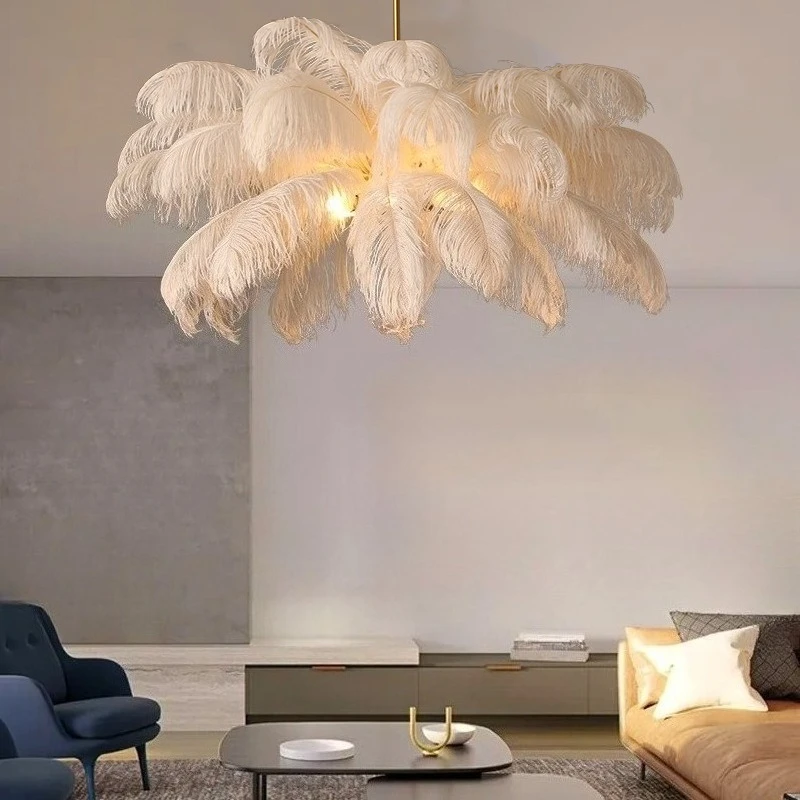 Cream Colored Feather Chandelier Made of Feathers and Metal for Modern Minimalist Princess Bedroom Living Room Clothing Store