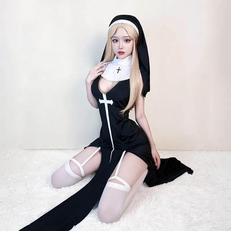 Moda sexy bonito preto freira vestido traje halloween masquerade festa irmã traje role play desempenho traje conjunto 2025