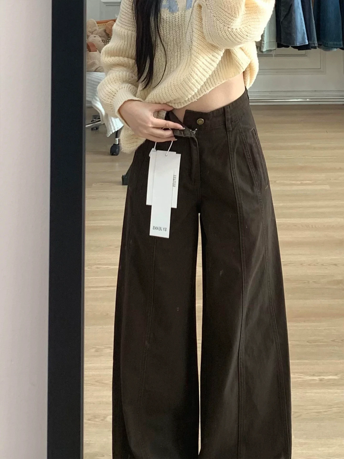 Cafe Brown Wide Leg Denim Jeans Women's High Waist Pear Shape Body Slimming Autumn New plus Size MM Trousers Casual Wear