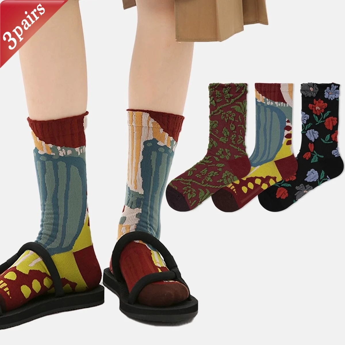 

Комплект из 3 пар женских носков, японские ретро-высококачественные персонализированные модные носки, модные универсальные носки средней длины в стиле Харадзюку
