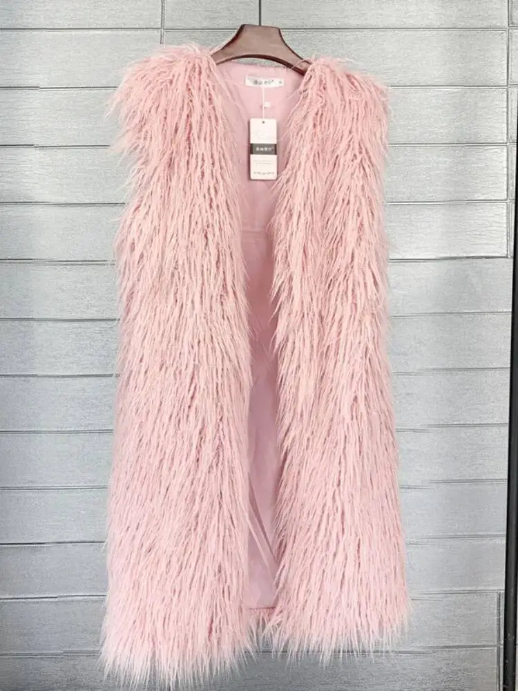 Mongolia Sheep Women Long Vest Colorful Warm Faux Fur High Street Plush Coats Female Jacket Autumn Winter Furry Outerwear