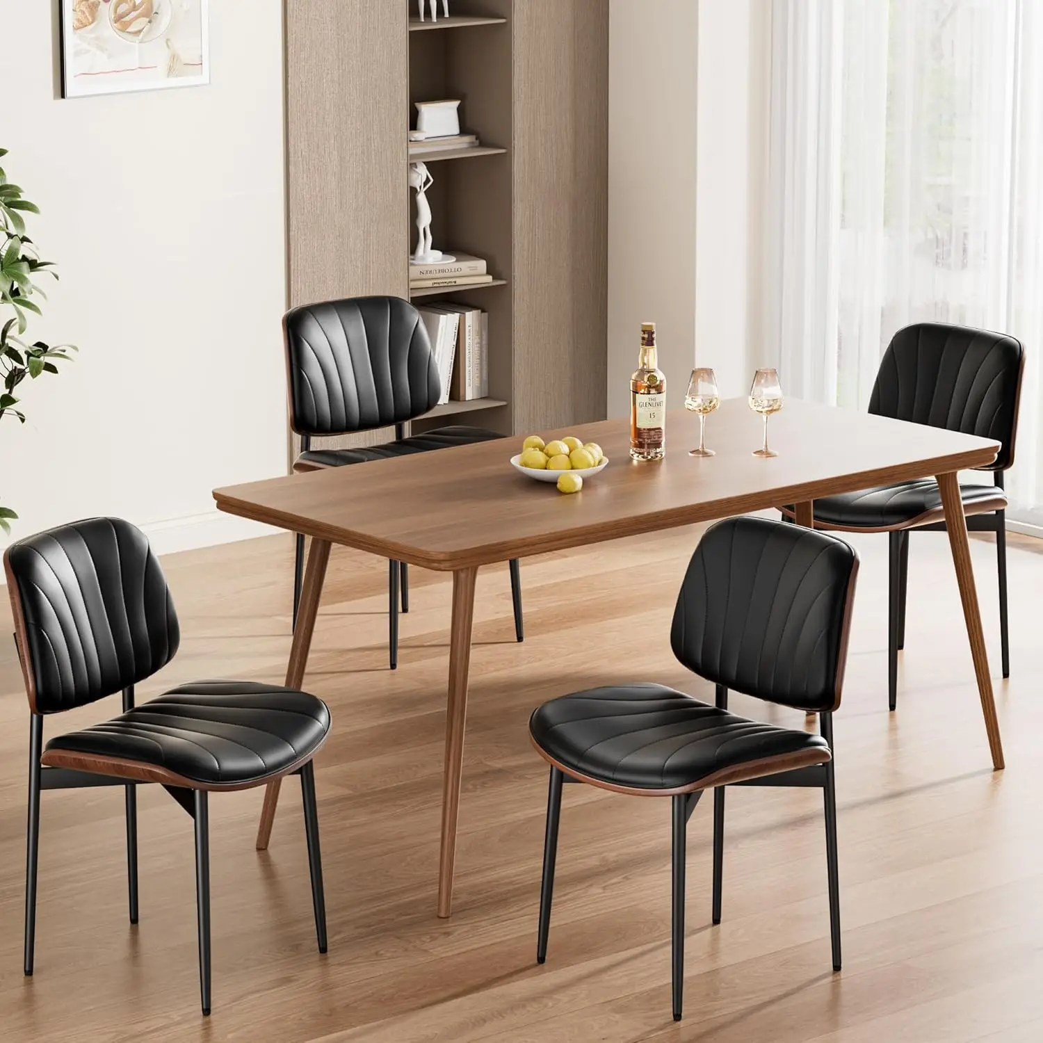 Mid Century Modern Dining Chairs Set of 4, PU Leather Upholstered, Walnut Bentwood Back & Metal Legs, Custom