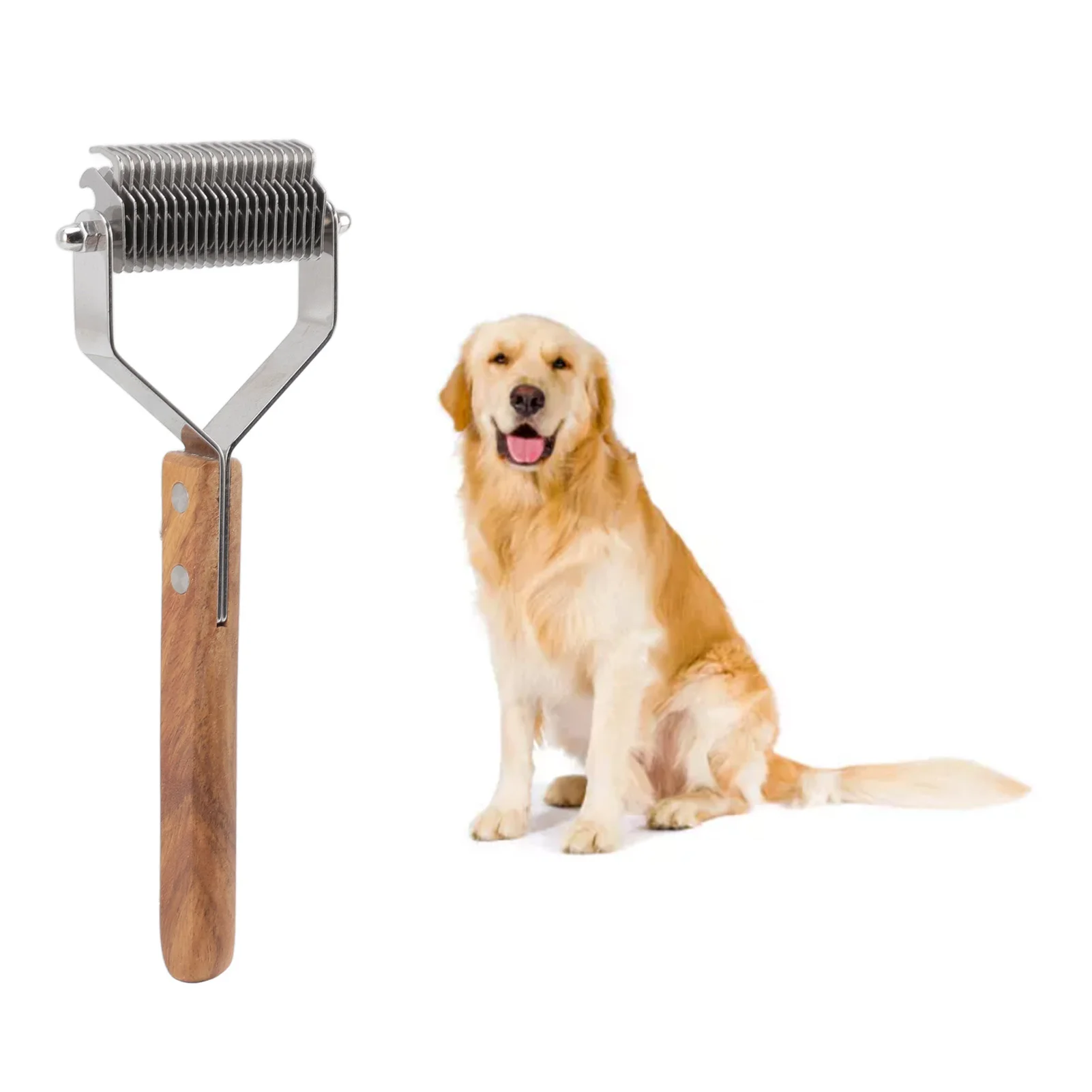 

Pet Undercoat Rake Knots Removal Double Row Wood Handle Dog Hair Shedding Brush For Cat Puppy Grooming