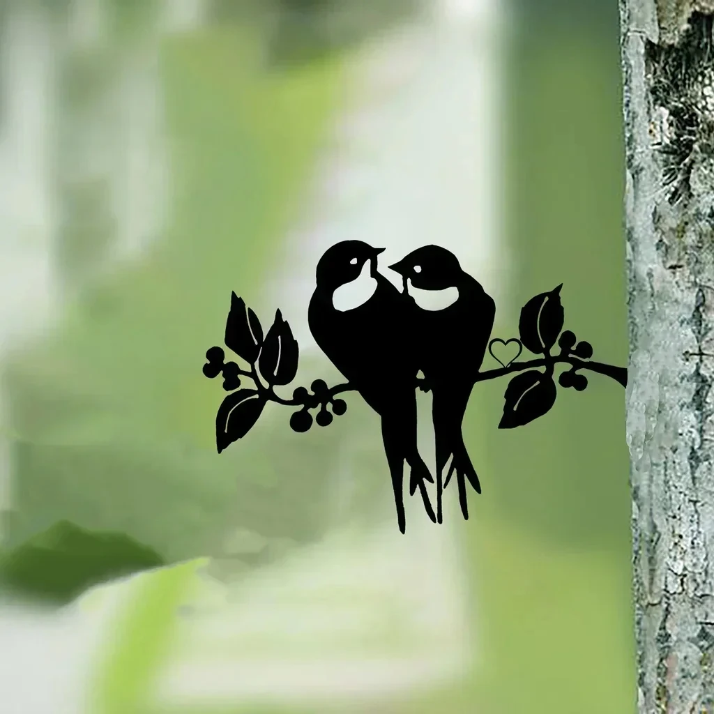 1pc Two Cute Birds On Branch Steel Silhouette Metal Wall Art Home Garden Yard Patio Outdoor Statue Stake Decoration Perfect