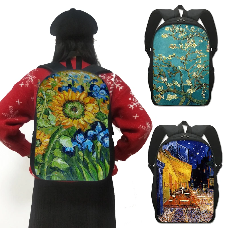 Oil Painting Tears Kiss Water Lilies Starry Night Backpack Gustav Klimt Claude Monet Van Gogh Student Bookbags Girls Laptop Bags