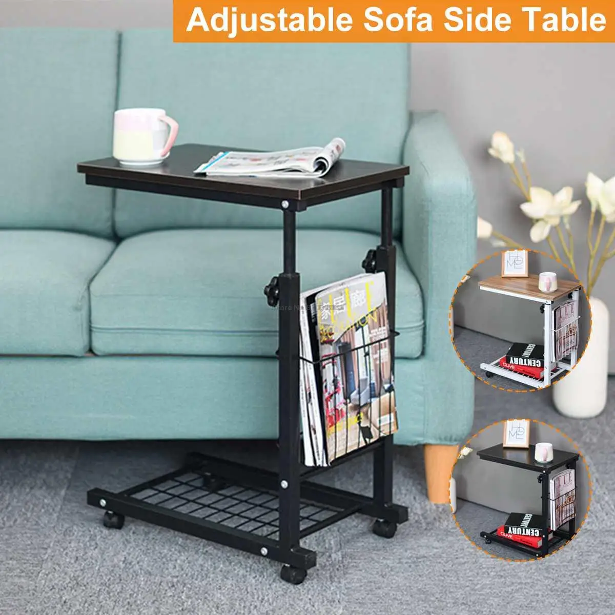 

Square Laptop Desk Coffee Tea Table for Living Room Storage Rack Movable Bed Side Tables Wooden Color Sofa Side Table With Wheel