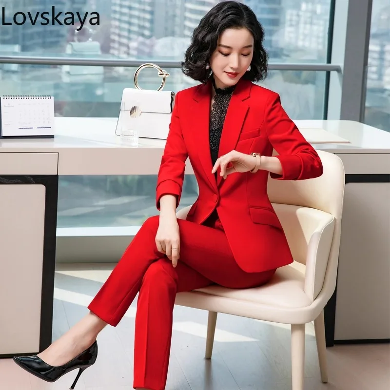 Two Pieces Set Size  Formal Work Career Blazer Coat With Pant Set Suit Red Dark Blue Black Women Pant Suit