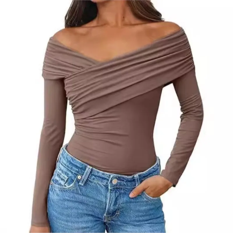 Polyester V-Fold One Shoulder Long Sleeve Tight Sexy Special Versatile T-shirt Women's Vetement Femme Tendance Camisetas Mujer