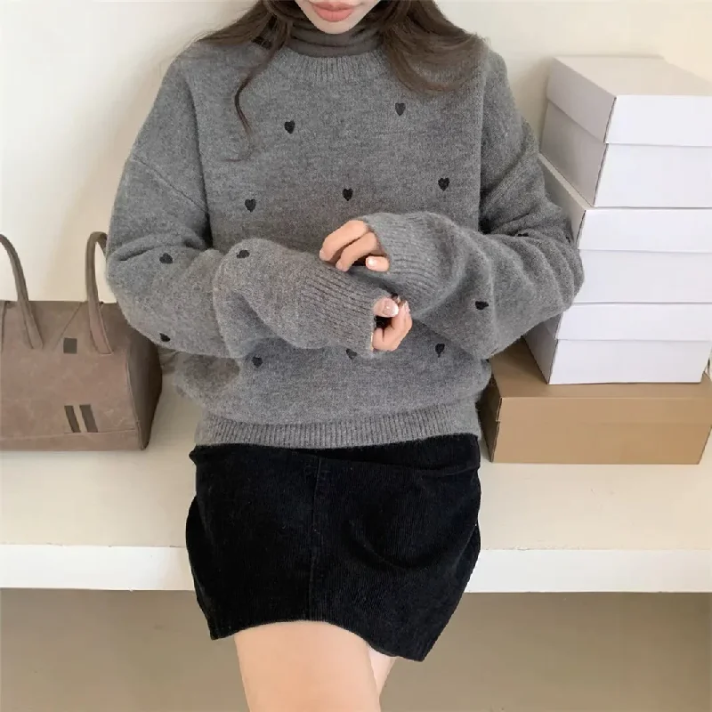 여성용 러브 프린트 풀오버, O넥, 느슨한 부드러운 스웨터, 프렌치 스위트, 레이지 캐주얼 니트 탑, 가을, 겨울