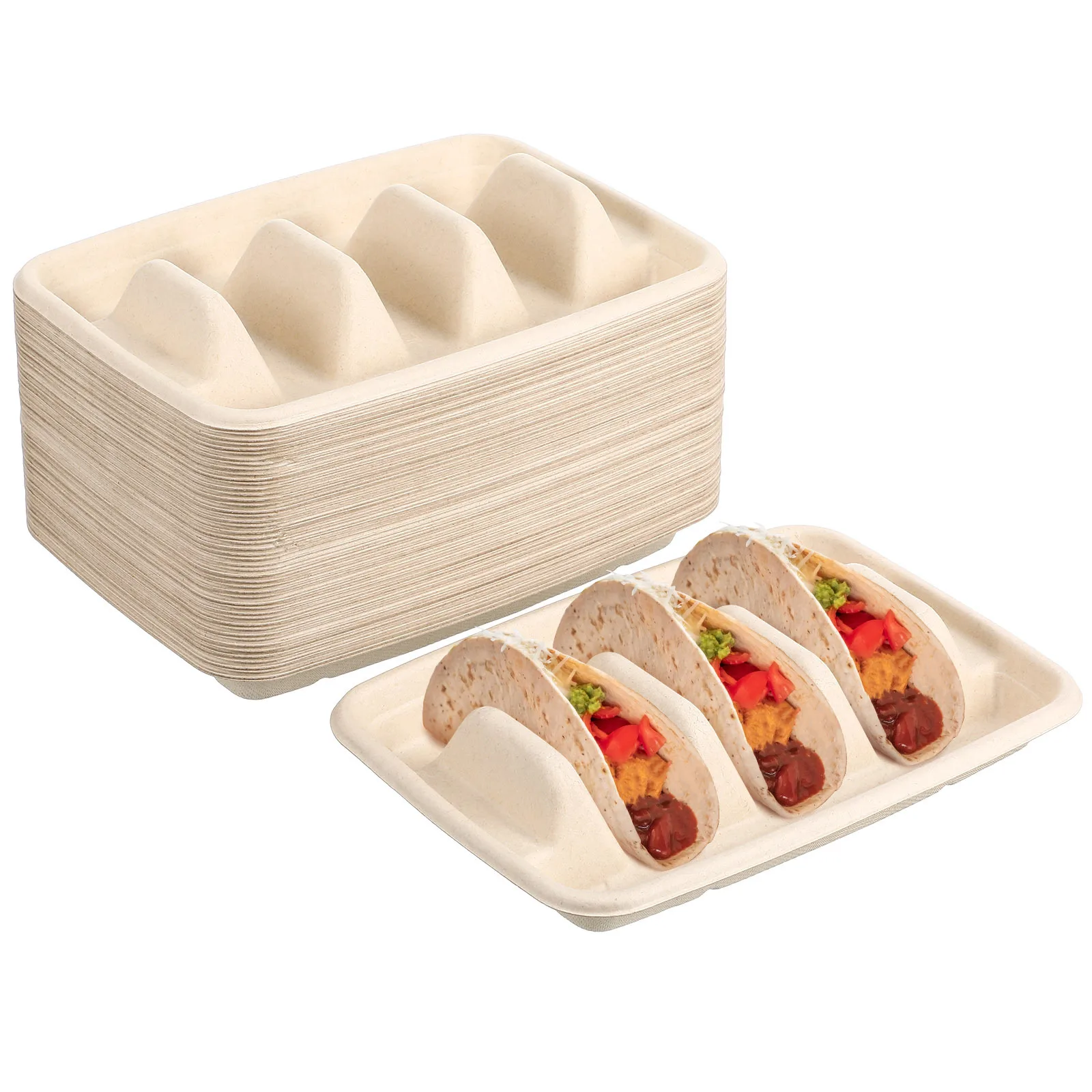 

50Pcs Taco Plates with Dividers Disposable Taco Holder Sturdy Lightweight Serving Tray for Parties Mexican Food Events
