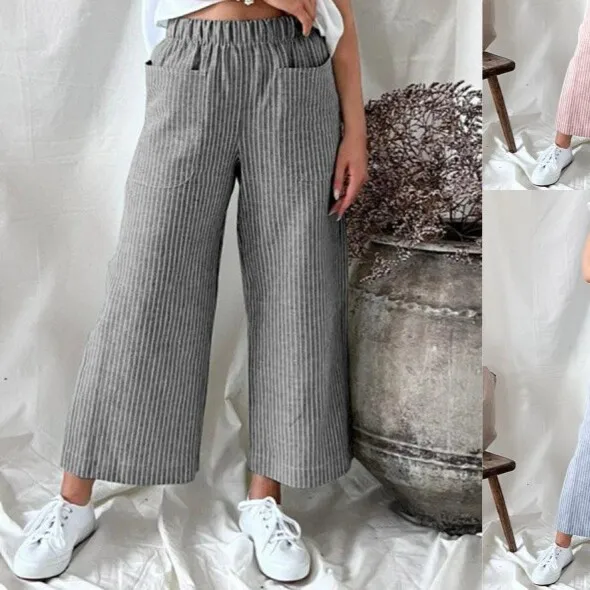 Casual Striped High Waist Straight Leg Pants for Women Long Leisure Trousers Ladies Faion Summer Print Other Material