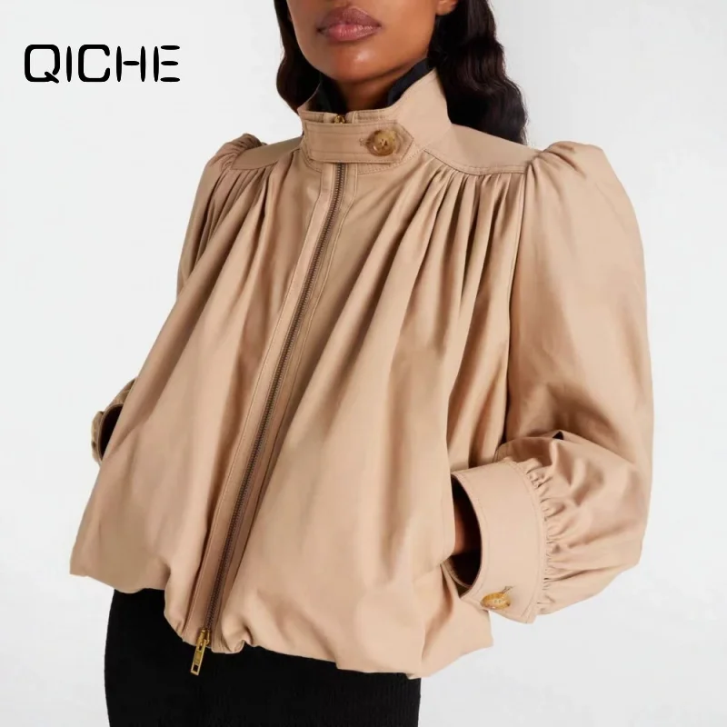 QICHE 2026 Herbst Damen Stehkragen Puffärmel Knopf-Cropped-Jacke Nischen-Design mit Raffung Oberbekleidung