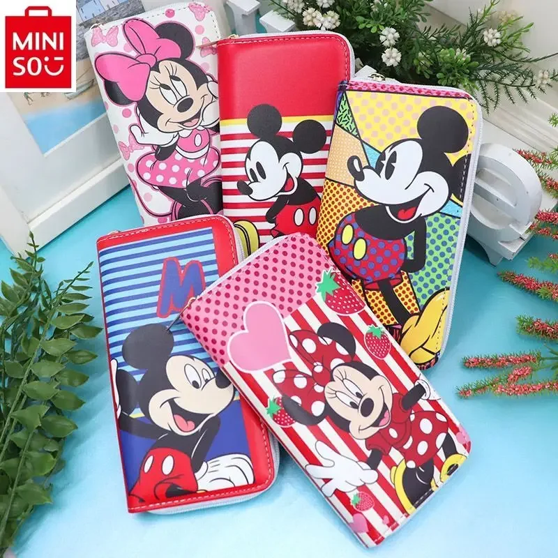 

MINISO Disney Mickey Minnie Long Wallet Women's Fashion High Quality PU Multi functional Storage Bank Card Cute Print Card Bag