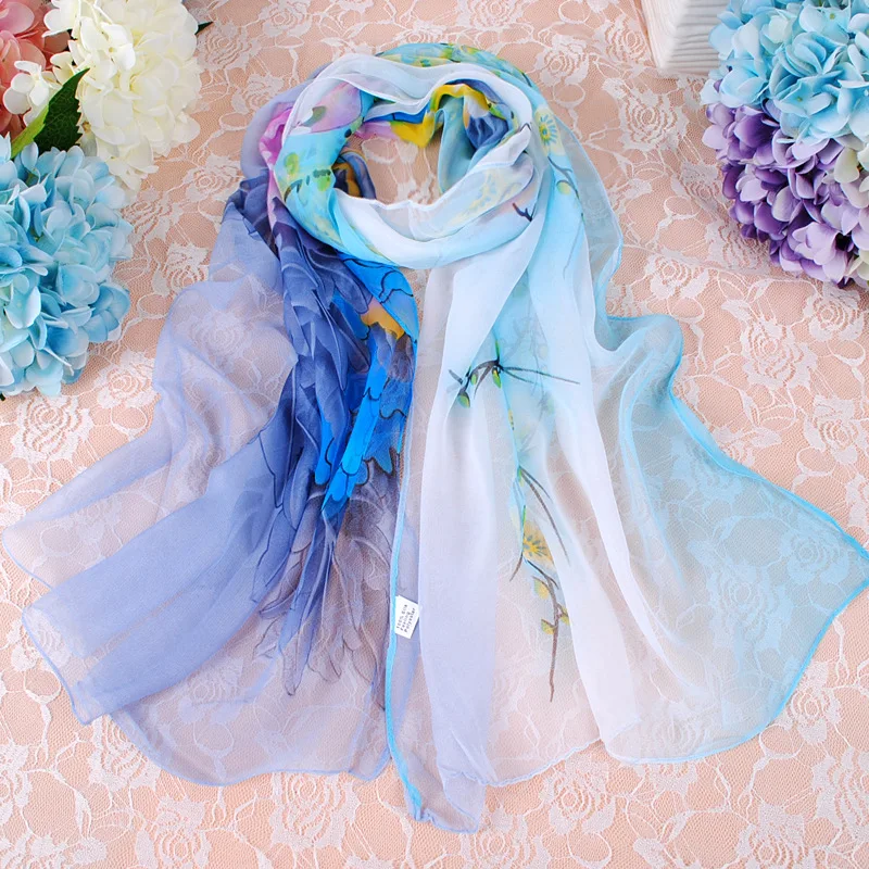 Elegant Beautiful Gradient Peony Chiffon Georgette Bandana Scarf Women Foulard Summer Beach Sunscreen Thin Hijab