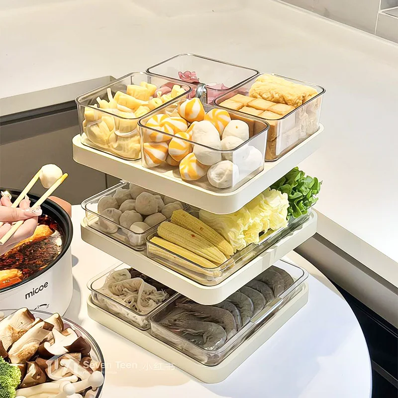 

Rotating Hot Pot Platter, 3-Tier Divided Prep Tray, Multifunctional food Storage Rack for Home