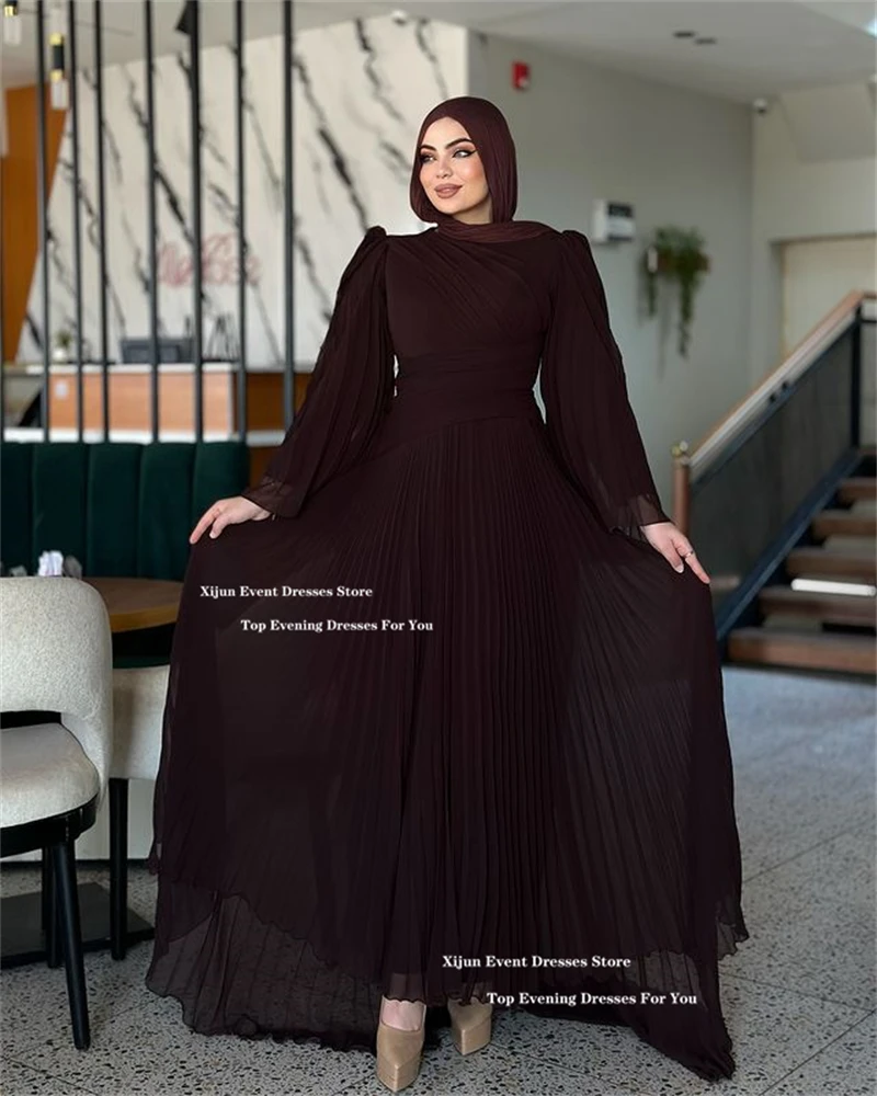 Xijun Modest Brown Chiffon Evening Dresses Ruched Full Sleeves Dubai Prom Dress O-Neck Formal Ankle Length Prom Gown Customized