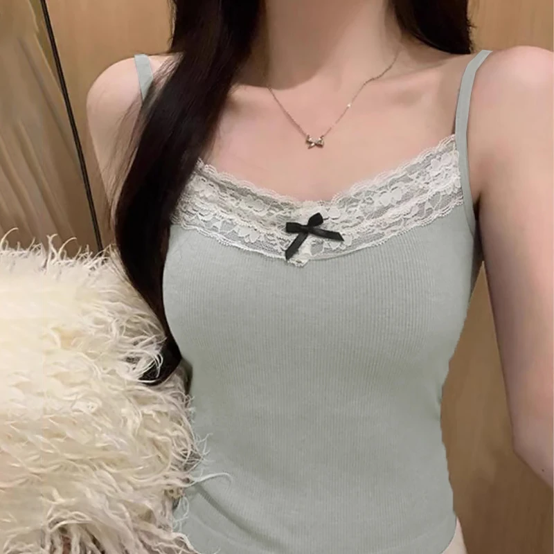 

Summer Women Fashion V-neck Bow Lace Patchwork Slim Camisole With Chest Pad