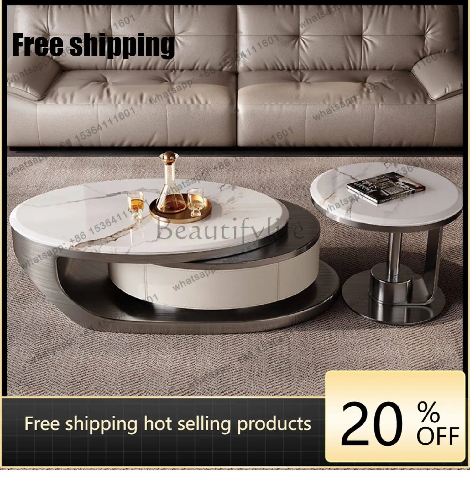 PG rock slab coffee table light luxury modern Italian minimalist wabi sabi wind stainless steel microcrystalline stone tea table