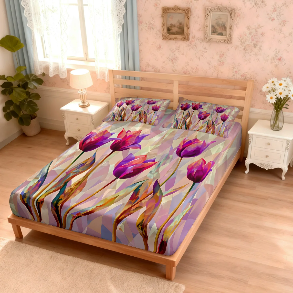 3pcs Tulip Flower Printed Coreless Bed Sheet Set, Multi Size Soft Bed Cover, Bedroom Bedding Decoration, Machine Washable
