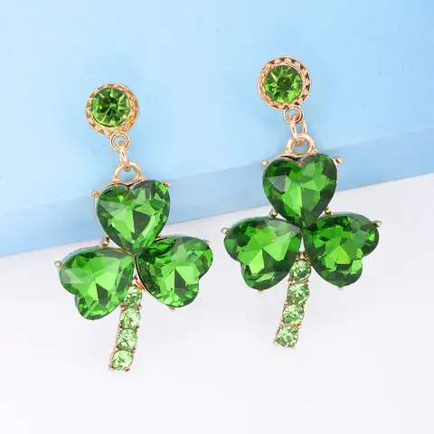 Green Rhinestone Shamrock Earrings for Women Clover Dangle Jewelry Holiday Party Accessory