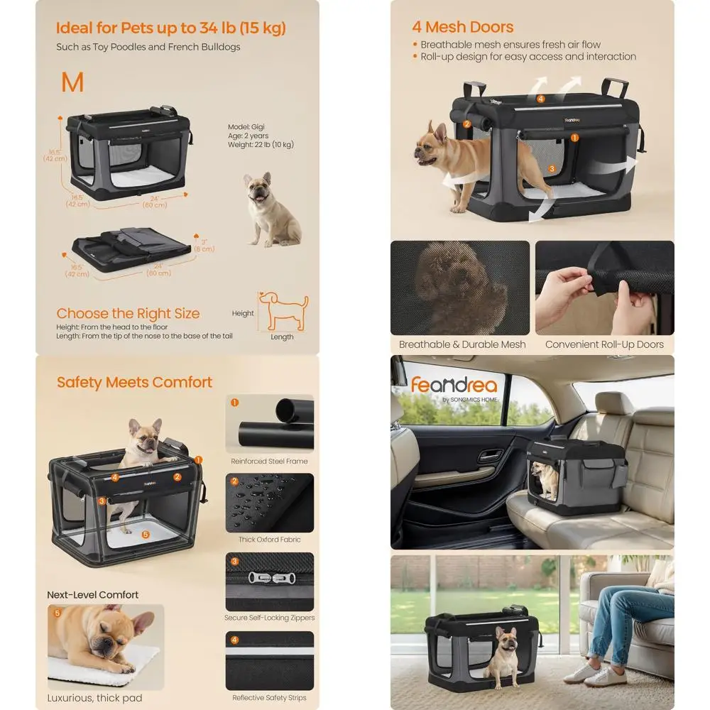 

24-дюймовая складная дорожная переноска для маленьких собак с сетчатыми дверцами, ручками, карманом для хранения и держателем для бутылки с водой