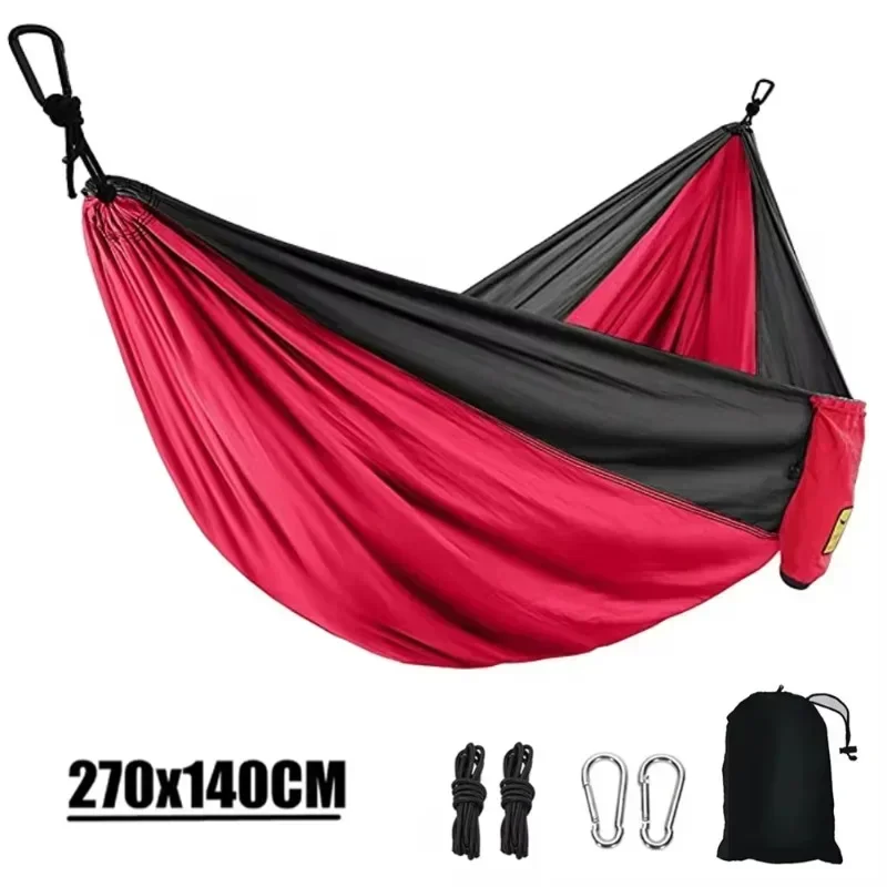 Outdoor Camping Hammock Single Person Portable Hanging Bed Nylon Color Matching Hammock High Strength Parachute Fabric Hammocks