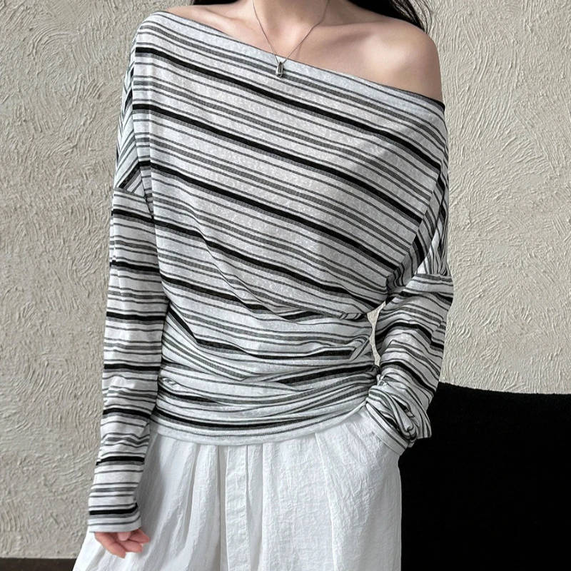 

Tops Women Top Skew Neck Sexy Striped Y2k Streetwear Tees Full Sleeve Tight Waist Elegant Work Slim Fit T Shirts 2026 Summer