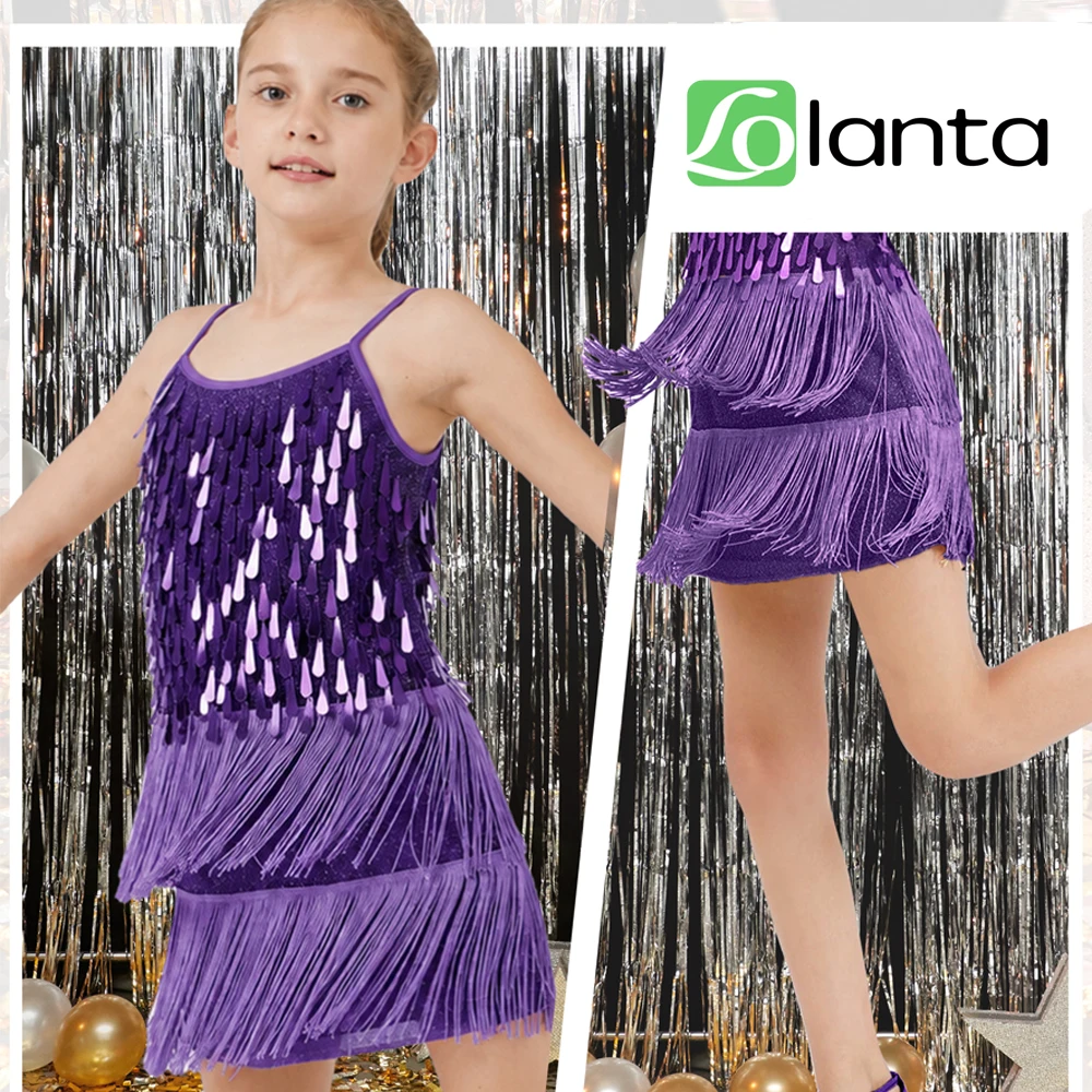 LOlanta New Girls Sequin Fringe Dance Costume Kids Salsa Rumba Latin Sparkling Sleeveless Tassel Dress with Shorts