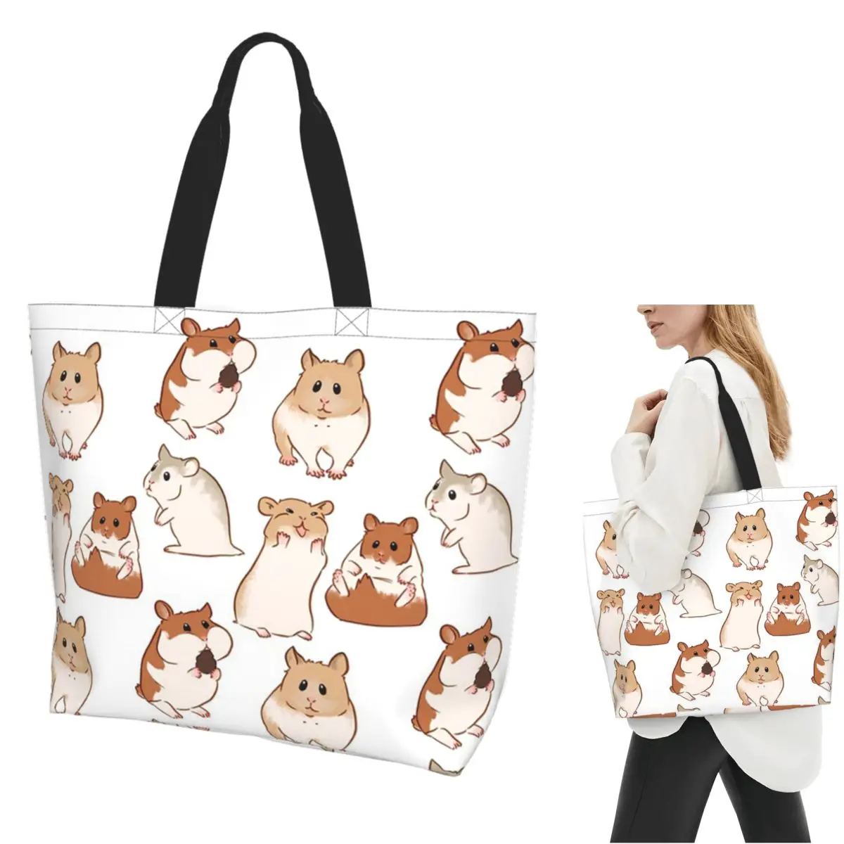 

Cute Hamster Pattern Shopping Tote Bag Canvas Large Capacity Shoulder Bags Shopper Grocery Handbag for Women