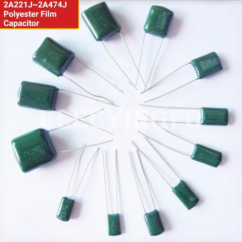 

100Pcs/Lot Mylar Film Capacitor 100V 2A 220pF~0.47uF 5% (2A221J~2A474J) Polyester Film Capacitor