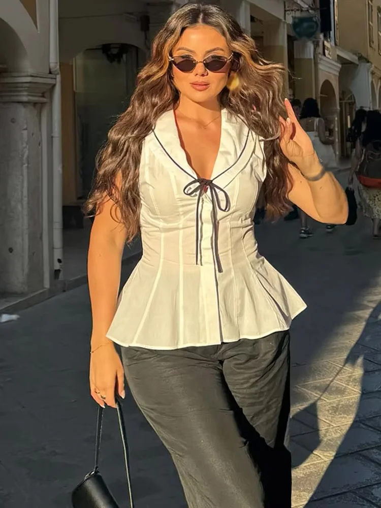 

HH Women Summer Casual Slim White Tank Tops Bow Lace-Up Decoration Top Female New Fashion Sexy Sleeveless V-Neck Tops